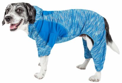 Pet Life Active 'Downward Dog' Heathered Performance 4-Way Stretch Two-Toned Full Body Warm Up Hoodie (Color: Blue, size: medium)